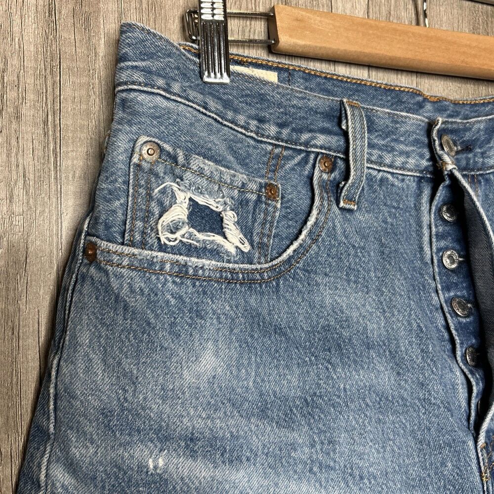 Levi’s Denim Shorts High Rise Cutout Button Fly Raw Hem Blue - Picture 3 of 10